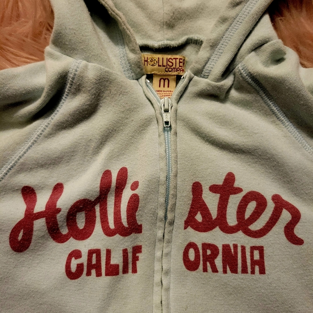 Vintage Hollister Crop Top Jacket Hoodie Y2k 2000s Blue  Zippered Logo Shirt - Picture 2 of 3